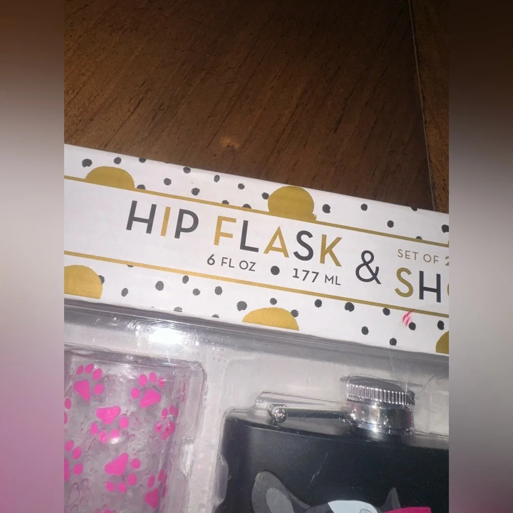 Dog-Themed Black Hip Flask and Pink Shot Glass Set